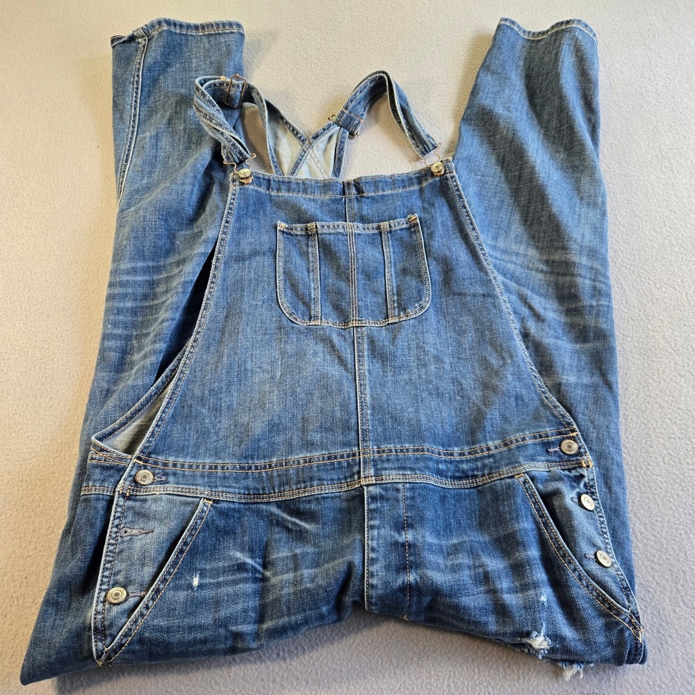 American Eagle Tomgirl Overalls Womens XL Blue Distressed Denim Bib Straight Leg